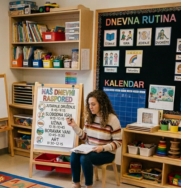 Teacher and preschool kids sitting in a circle on a rug participating in morning circle time